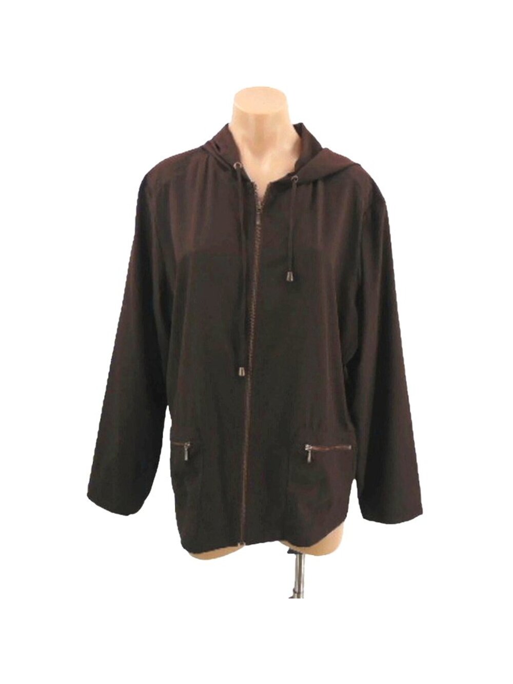 Zenergy Chico's Neema Brown Hooded Jacket 3 XL Zip Front Pockets Straight Hem